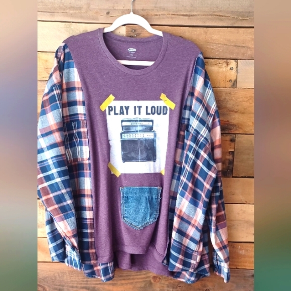 Upcycled Shirt with Plaid Sleeves - Picture 3 of 8